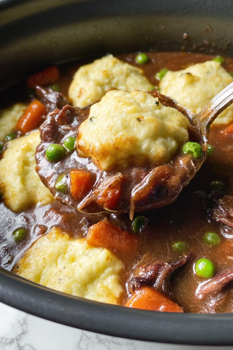 The image shows a ladle scooping a thick stew from a black pot, containing dark brown gravy with green peas, bright orange carrot pieces, and tender chunks of meat. Floating on top are several golden biscuit-like dumplings with a soft, slightly browned texture. The stew looks rich and hearty, with visible layers of vegetables and meat covered by the shiny sauce. The background is a white marbled texture. Photo taken with an iphone --ar 2:3 --v 7