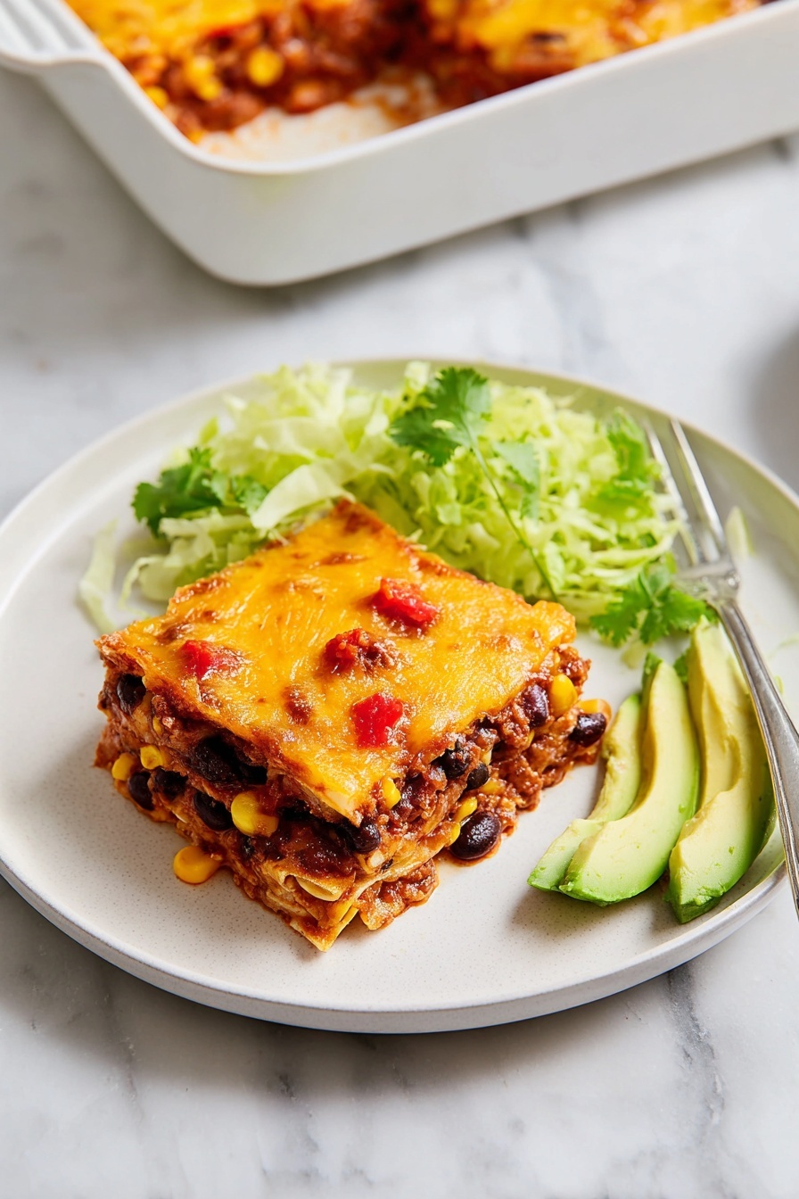 A white round plate sits on a white marbled surface, holding a layered serving of a baked dish. The dish has a base layer of melted orange cheese that covers a mixture with visible black beans, corn, and browned bits of meat mixed with red sauce, showing through the top melted cheese. Next to it are three slices of fresh, light green avocado and a pile of shredded green lettuce. A silver fork with a small spicy layered bite rests on the plate’s edge, next to the main dish. At the top right corner, part of a white baking dish shows more of the cheesy layered casserole, and at the top left, a half avocado is placed on a white plate. Photo taken with an iphone --ar 2:3 --v 7