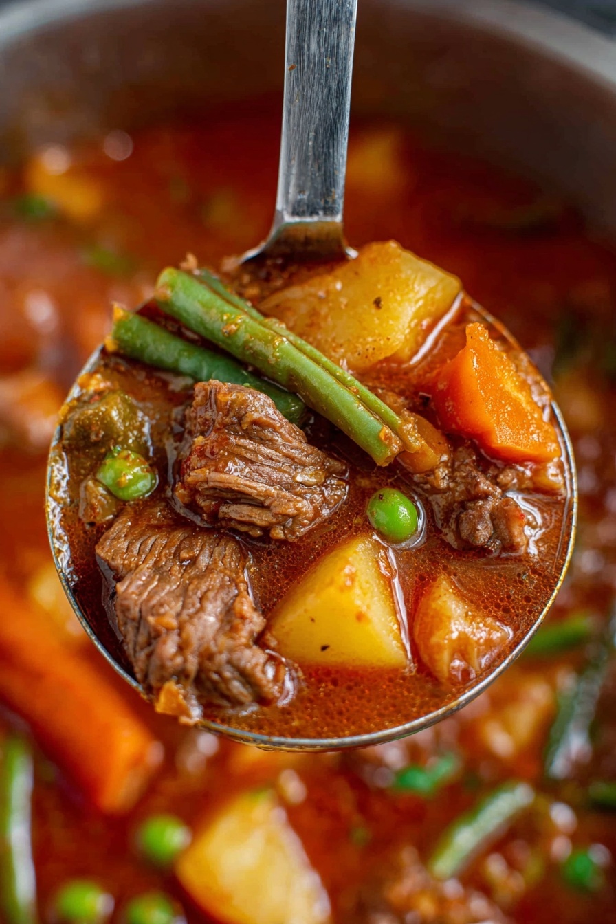 The image shows a close-up of a metal ladle filled with thick beef stew, lifted above a white marbled surface. The ladle has about five layers of ingredients visible: large chunks of brown beef with a tender texture, bright orange carrot pieces, yellow potato chunks, green beans, and a few scattered green peas. The stew’s rich red-brown broth gently glistens, soaking the ingredients with a thick, juicy look. In the background, the pot is filled with more stew, showing the same colorful mix of vegetables and meat. photo taken with an iphone --ar 2:3 --v 7