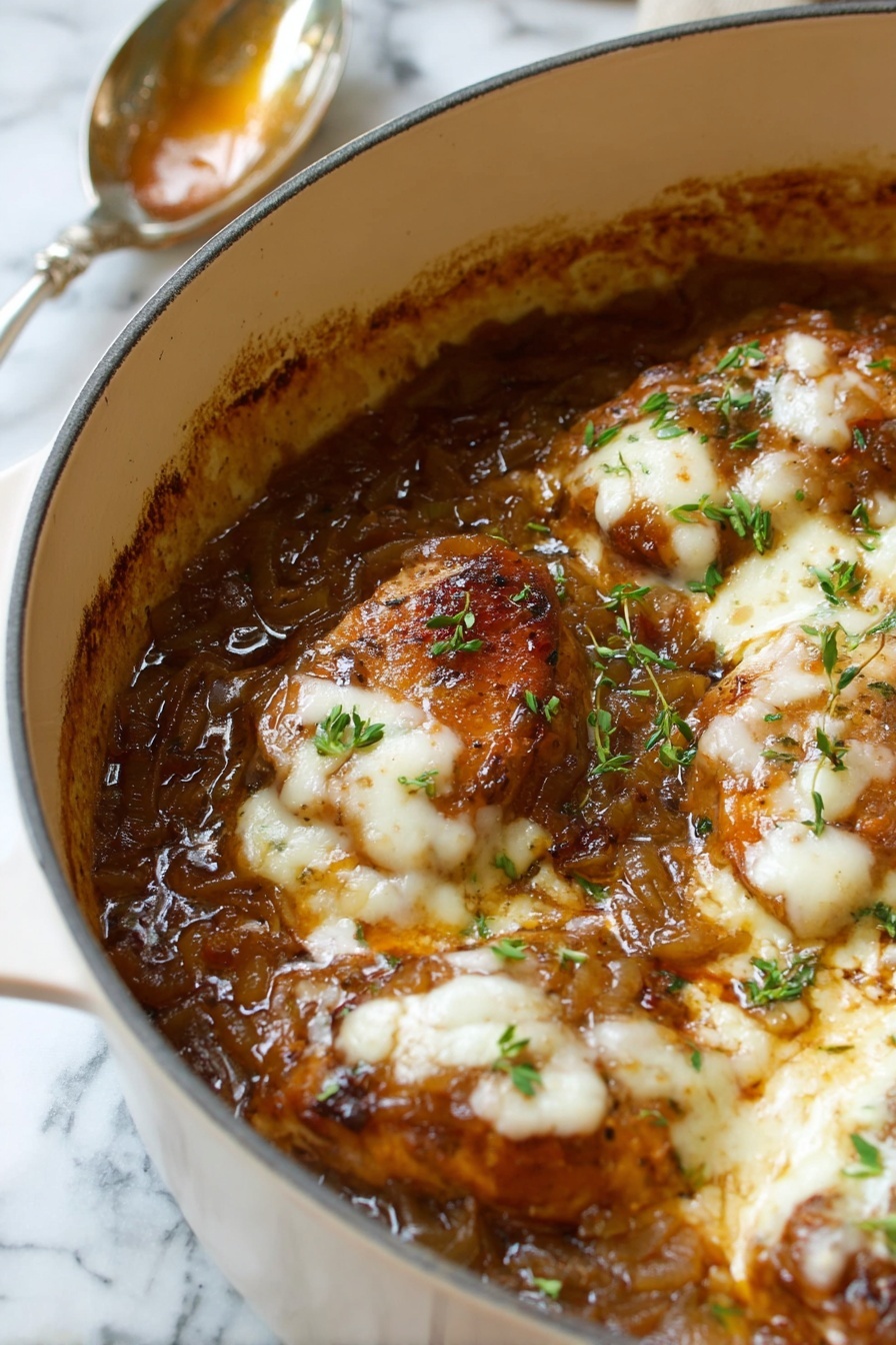 The image shows a close-up of a cooked dish in a cream-colored pot. The dish has several layers, starting with a base sauce of thick, brown caramelized onions. On top, there are pieces of golden-brown cooked meat with melted white cheese that is slightly browned and bubbly. Small green herb leaves are scattered over the cheese and sauce. The pot is on a white marbled surface, and there is a silver spoon with some sauce in the background. photo taken with an iphone --ar 2:3 --v 7