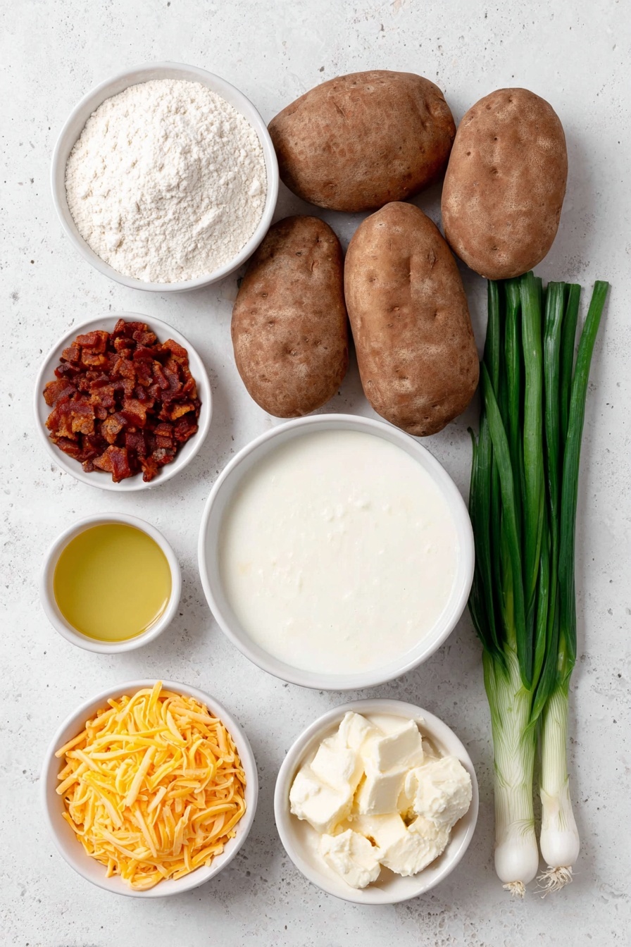 Flat lay of a group of five large russet potatoes with rough brown skins, a small pile of chopped crispy bacon pieces, a small white ceramic bowl filled with pale all-purpose flour, a bunch of thick green onions with both white and green parts separated neatly side by side, three whole uncracked brown garlic cloves, a small white bowl of clear low-sodium chicken broth, a small white bowl of creamy milk, a small white bowl of smooth sour cream, a small white bowl overflowing with shredded sharp cheddar cheese, a small white bowl with finely grated pale parmesan cheese, and a small white bowl with golden olive oil, all arranged symmetrically on a clean white marble surface, soft natural light, photo taken with an iPhone, professional food photography style, fresh ingredients, white ceramic bowls, no bottles, no duplicates, no utensils, no packaging --ar 2:3 --v 7 --p m7354615311229779997