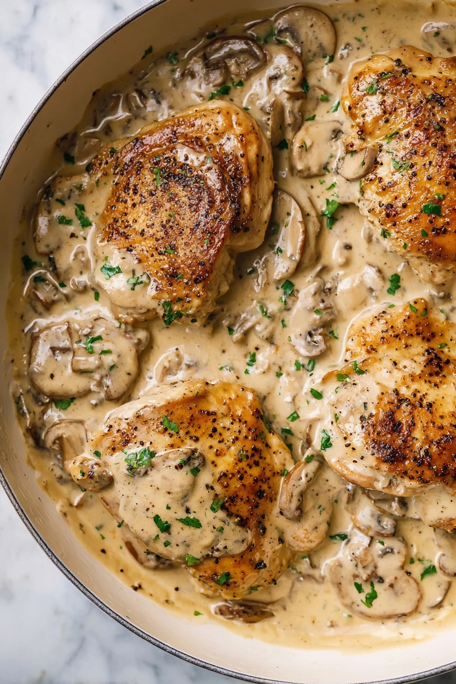 Chicken with Creamy Mushroom Sauce - A white plate holds a layered meal starting with slices of browned chicken with a firm white interior at the base. On top of the chicken, there is a creamy light brown sauce with large mushroom slices and small green herb pieces sprinkled over. To the right side of the plate, a serving of creamy mashed potatoes with bits of herbs in them sits partially covered with the sauce. The background shows a white marbled surface and some green vegetables are visible behind the chicken. photo taken with an iphone --ar 2:3 --v 7