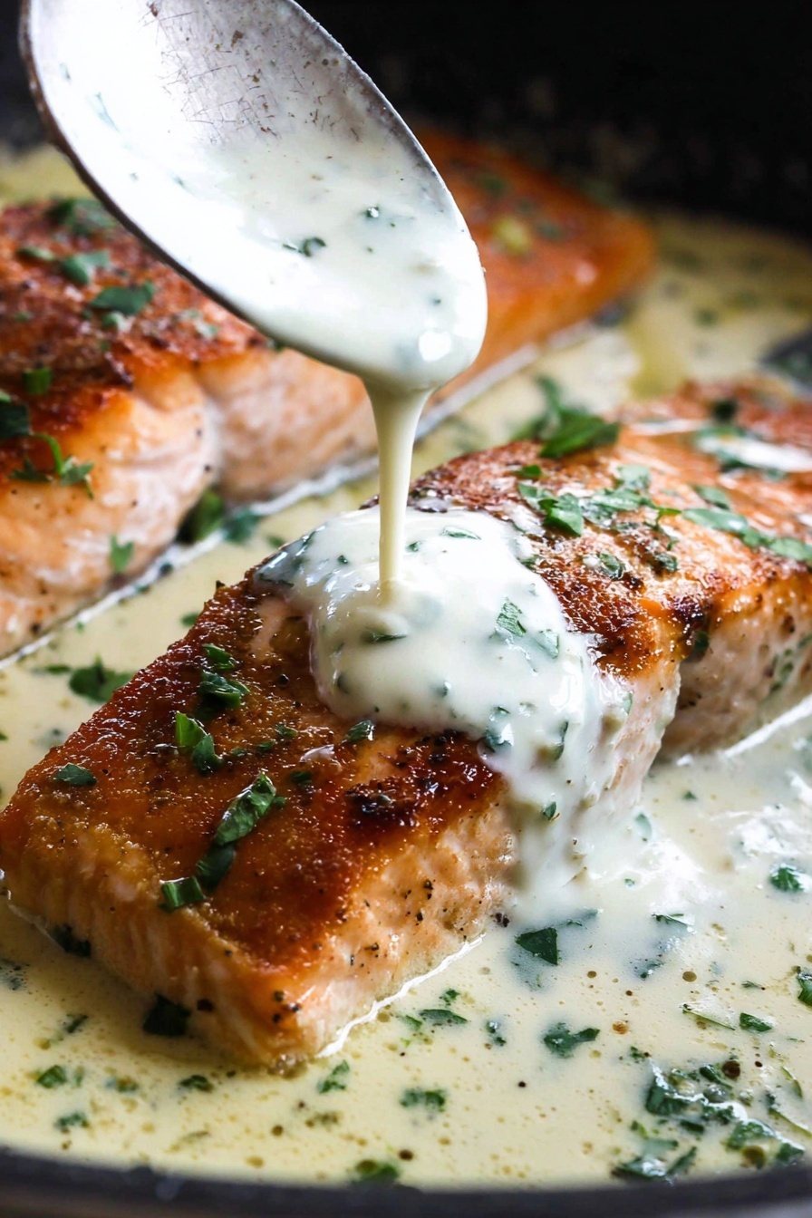 Creamy Garlic Butter Salmon - A white plate holds three sections of food arranged side by side: a mound of smooth, white mashed potatoes with black pepper sprinkled on top on the left, a cluster of bright green steamed broccolini with a slight shine and crisp texture at the top, and a golden-brown grilled salmon fillet on the right, topped with a creamy white herb sauce sprinkled with small green parsley pieces. A silver fork rests partly on the salmon and mashed potatoes. The plate is set on a white marbled surface, with a woman's hand holding the fork. photo taken with an iphone --ar 2:3 --v 7