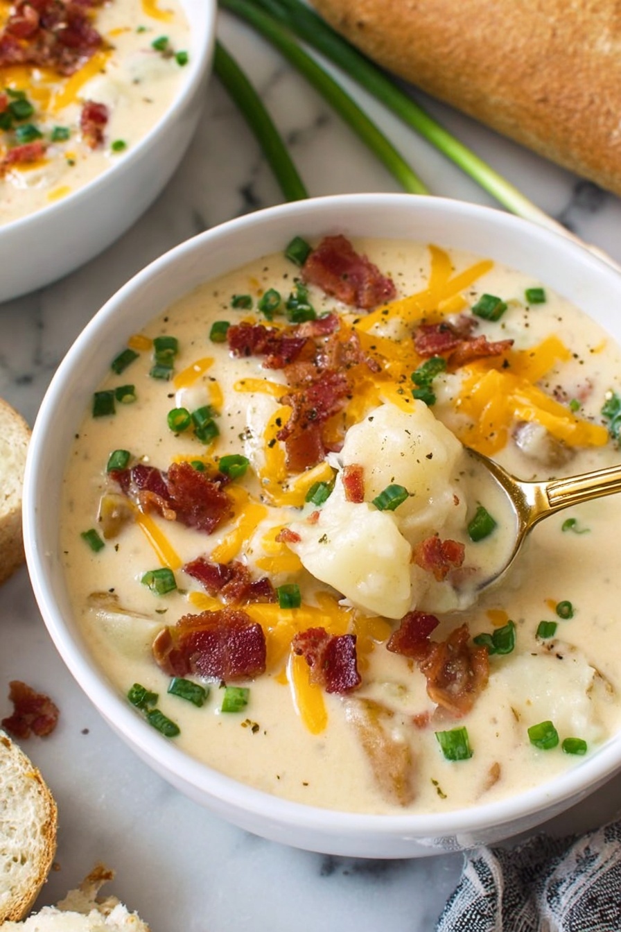 Two white bowls of creamy soup are shown from above, each filled with a thick, pale yellow base. The soup is topped with small chunks of crispy brown bacon, bright orange shredded cheddar cheese, and chopped green onions scattered over the top. A small sprinkle of red paprika powder adds a touch of color on the soup’s surface. Each bowl has a gold spoon with a forked branch handle resting inside. Pieces of torn bread sit next to the bowls on a wooden table, and a striped cloth is partially visible beneath one bowl. Cheese shreds and green onion pieces are scattered around the bowls on the table. The photo is taken with an iphone --ar 2:3 --v 7