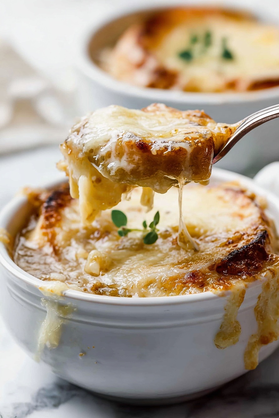 This image shows two white mugs with handles filled with French onion soup. Each mug has a dark brown onion broth as the bottom layer. On top of the broth are two toasted brown bread slices covered by melted golden cheese that is bubbly and slightly browned. A small green herb branch sits on top of the cheese in each mug, adding a fresh touch. The mugs are placed on a white marbled surface with some small scattered herb leaves around. The scene has a cozy and warm feeling. photo taken with an iphone --ar 2:3 --v 7