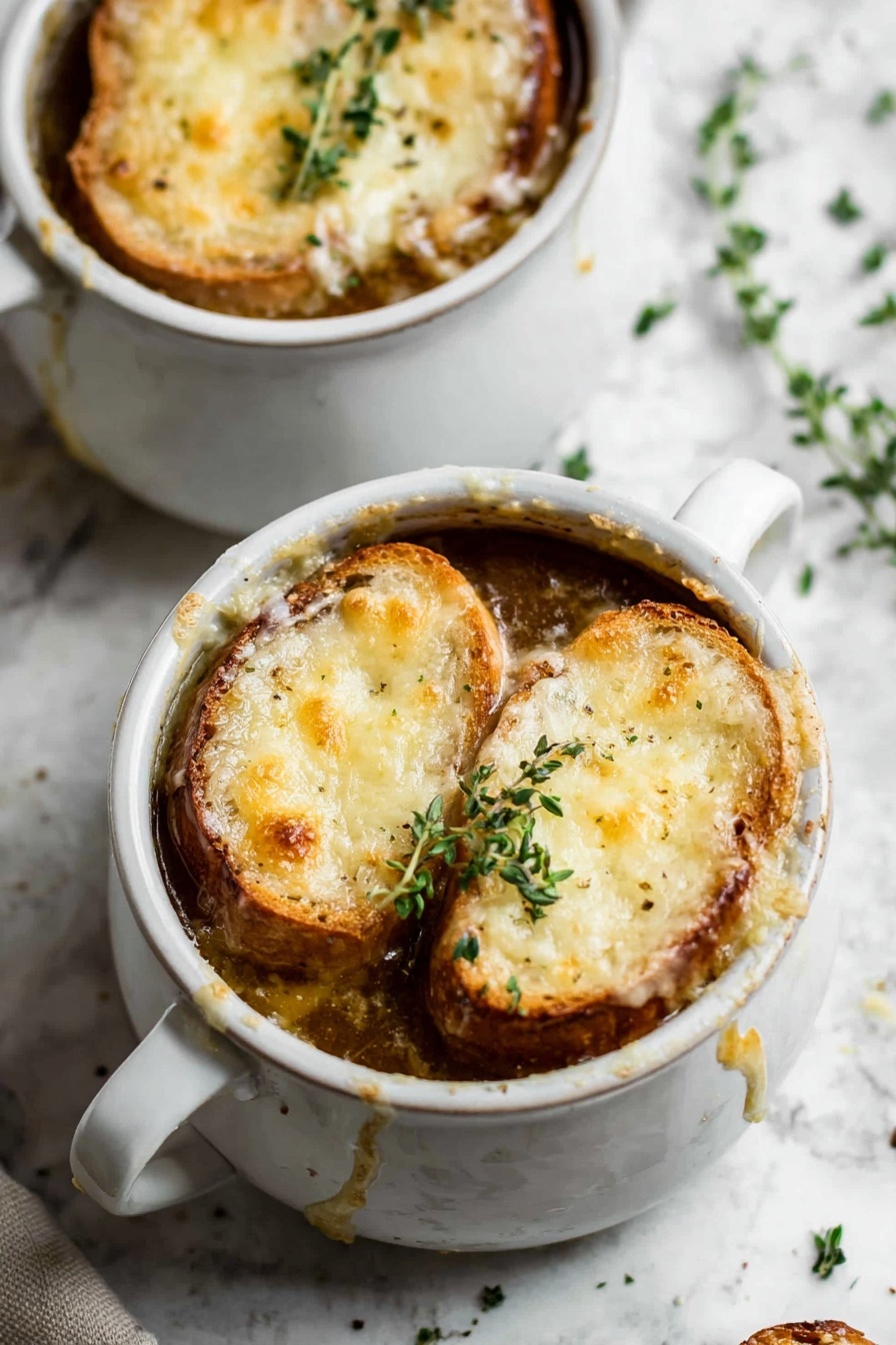 The image shows a white bowl filled with golden brown French onion soup topped with melted cheese that looks bubbly and slightly crispy. On top of the cheese, there is a layer of caramelized onions that are light golden and shiny. A spoon is lifting a portion of the cheese and onions from the bowl, showing the texture of the melted cheese stretching and the soft onions underneath. There is another white bowl with the same soup blurred in the background. The bowls sit on a white marbled surface, giving a clean and bright look. A small green herb garnish is placed on top of the soup, adding a touch of color photo taken with an iphone --ar 2:3 --v 7