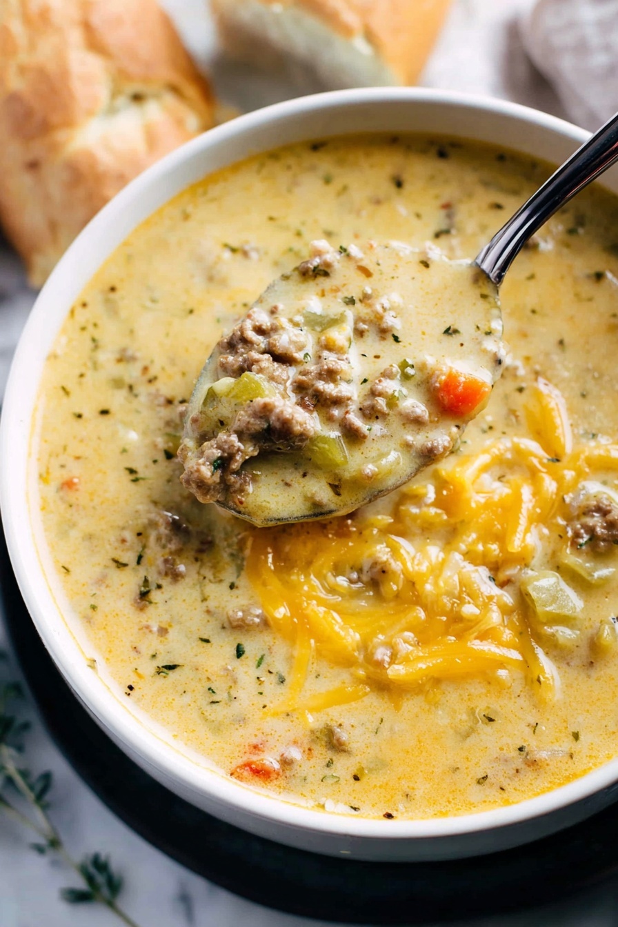 A close-up view of a black bowl filled with thick creamy soup containing visible chunks of ground meat, small pieces of carrots, and celery. The soup has a pale yellow color with a smooth, rich texture, topped with a generous layer of shredded bright orange cheese that slightly melts into the soup. A silver spoon inside the bowl holds a scoop of the chunky soup, showing the mix of vegetables and meat clearly. The bowl rests on a white marbled surface with a slice of bread blurred in the background. Photo taken with an iphone --ar 2:3 --v 7