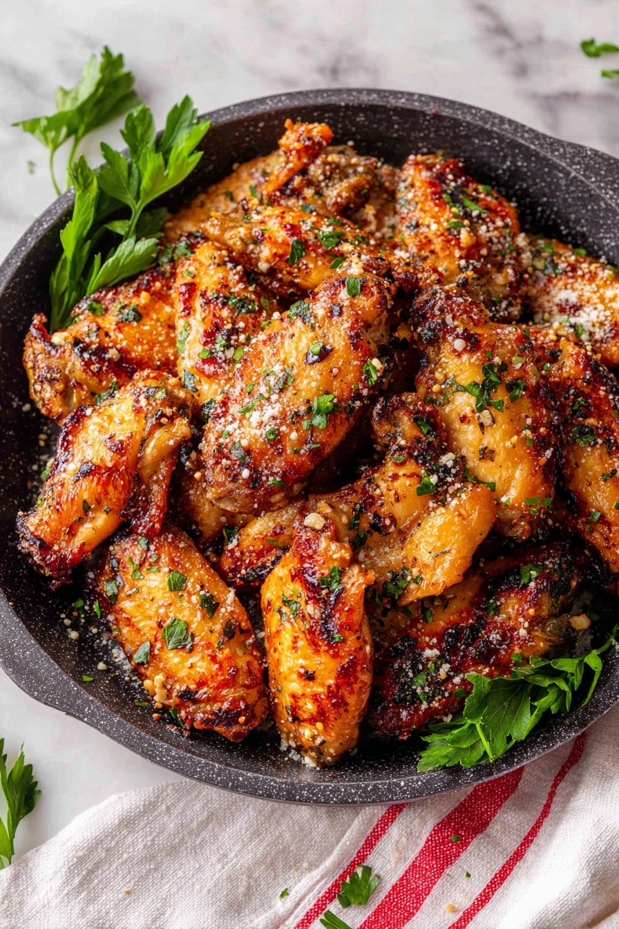 A close-up view of a white cast iron pan filled with golden brown chicken wings, each wing showing a crispy and slightly charred texture with specks of green parsley scattered on top. The wings are generously sprinkled with fine grated parmesan cheese, adding small white granules contrasting the golden and brown surface. The pan is set on a white marbled textured surface, highlighting the rich colors of the cooked wings. photo taken with an iphone --ar 2:3 --v 7