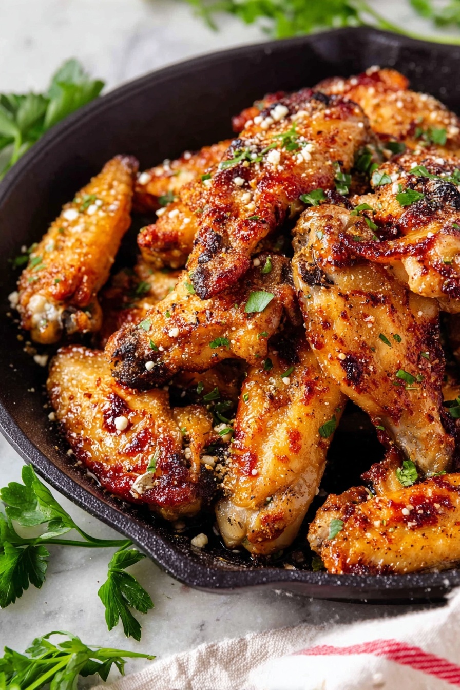 A round black pan holds a pile of golden-brown chicken wings grilled with a crispy texture. The wings are sprinkled with small bits of white Parmesan cheese and scattered bright green parsley leaves. The pan sits on a white marbled surface with a white cloth with red stripes near the bottom right corner. Some parsley leaves are seen on the left side of the pan, adding a fresh green touch. photo taken with an iphone --ar 2:3 --v 7