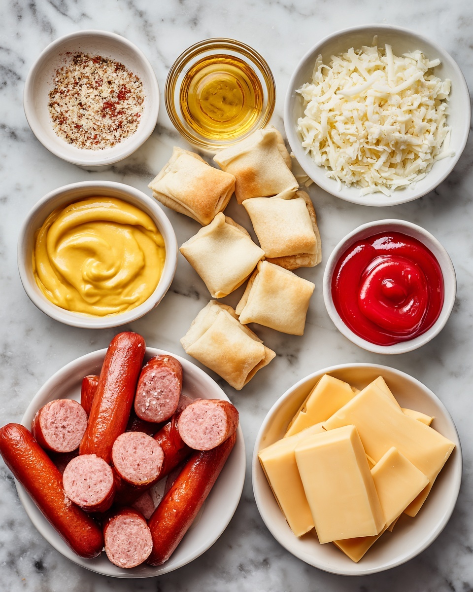 Flat lay of sliced hot dogs, small pieces of American cheese, neatly cut strips of crescent roll dough, a small bowl of smooth Dijon mustard, a pat of golden salted butter, scattered garlic powder and onion powder, and a few sprinkles of flaked sea salt arranged beautifully on a white marble surface, photo taken with an iphone --ar 2:3 --v 7