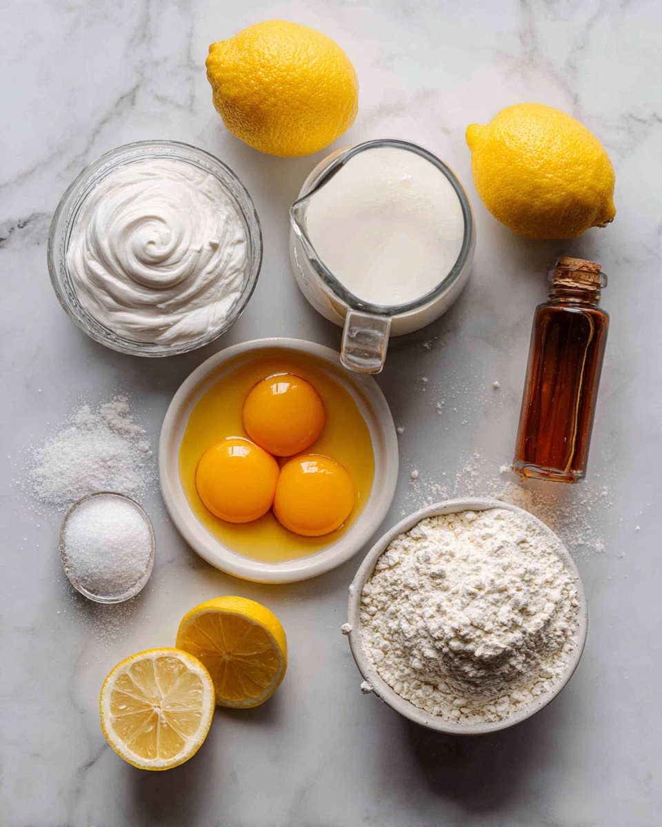 Flat lay of bright yellow egg yolks, fluffy whipped egg whites with soft peaks, smooth whole milk in a small glass jug, fine granulated sugar crystals scattered gently, pale all-purpose flour mounded neatly, fresh lemon halves with vibrant yellow flesh, a small bottle of vanilla extract with amber liquid inside, and a dollop of baking powder powdery and white, all beautifully arranged in a balanced composition, placed on a white marble surface, photo taken with an iphone --ar 2:3 --v 7