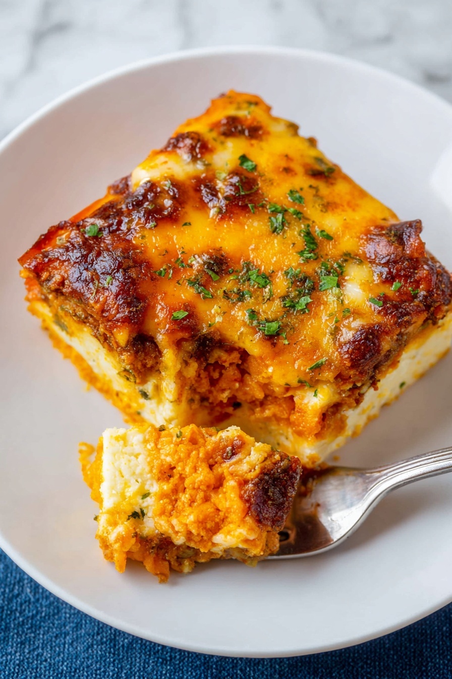 The image shows a white baking pan with a thick, rectangular slice of lasagna removed, revealing the layers inside. The lasagna has multiple layers: golden melted cheese on top with light brown spots from baking, sprinkled with small green herb bits. Below the cheese, there are layers of red tomato sauce mixed with ground meat and creamy cheese, visible in shades of orange and brown. The sides of the pan have baked sauce stains, and there are small bits of sauce and cheese around the empty space where the slice was taken out. The pan is on a white marbled surface photo taken with an iphone --ar 2:3 --v 7