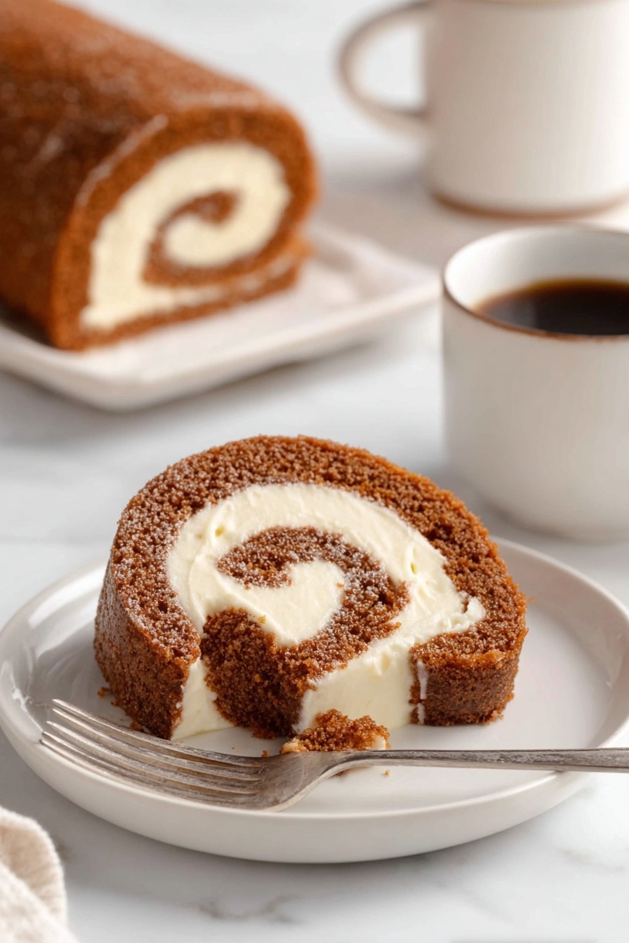 The image shows a brown roll cake with a creamy white filling swirled inside, placed on white parchment paper over a white marbled surface. The roll cake has a slightly textured outer layer dusted lightly with powdered sugar, and the cream filling is smooth and thick, forming a spiral pattern inside the cake. In the background, there are white cups filled with coffee and a white plate stacked with more slices of the roll cake. The front slice is partially visible, showing the same swirl pattern and soft texture. Photo taken with an iphone --ar 2:3 --v 7
