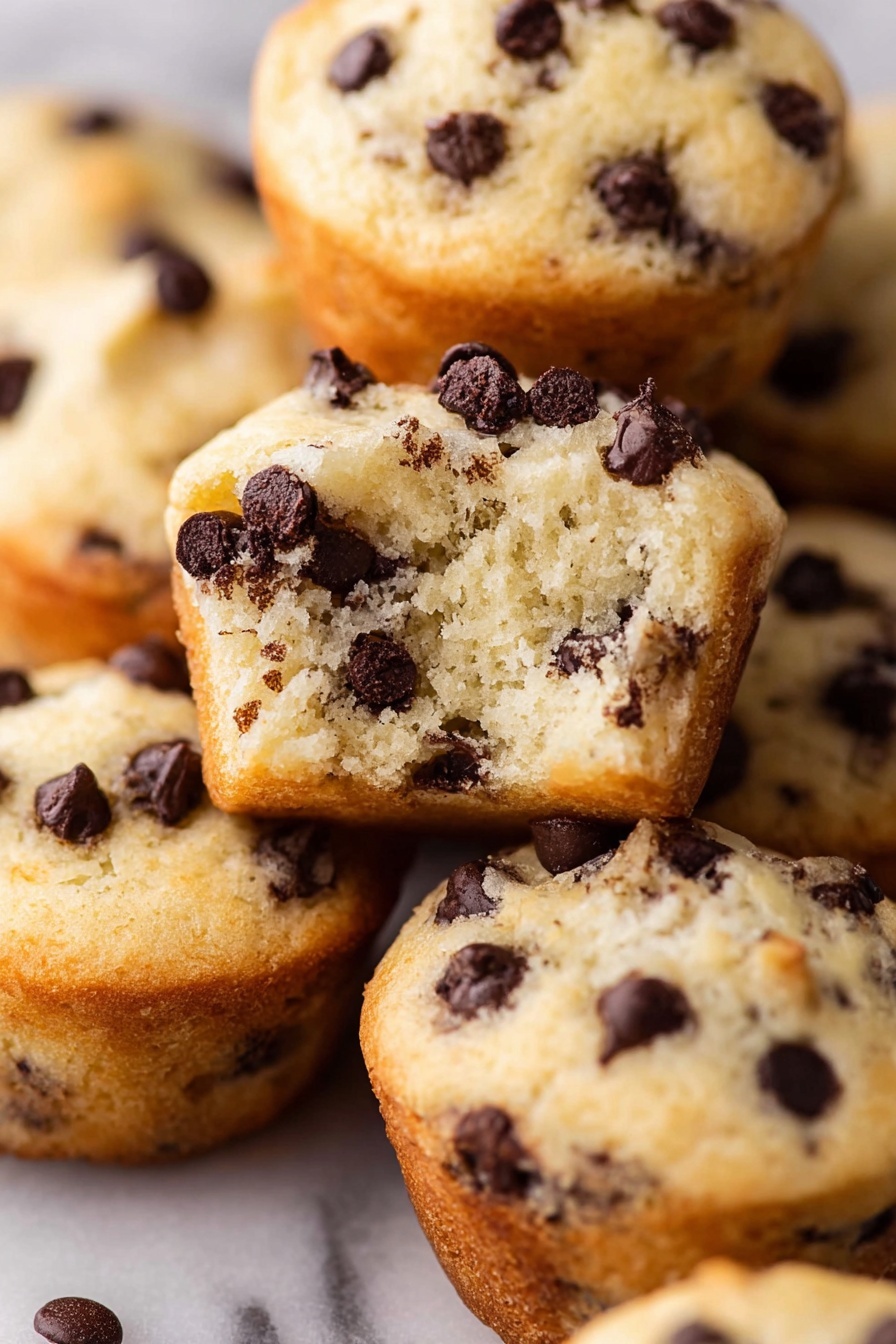 The image shows a close-up of a pile of small, soft muffins studded with dark chocolate chips. The muffins have a light golden-brown color on their outer edges and a pale, moist inside visible in one muffin with a bite taken out. The chocolate chips are scattered unevenly on the top and inside the muffin, adding a dark contrast to the light bread. The muffins rest on a white marbled surface. photo taken with an iphone --ar 2:3 --v 7