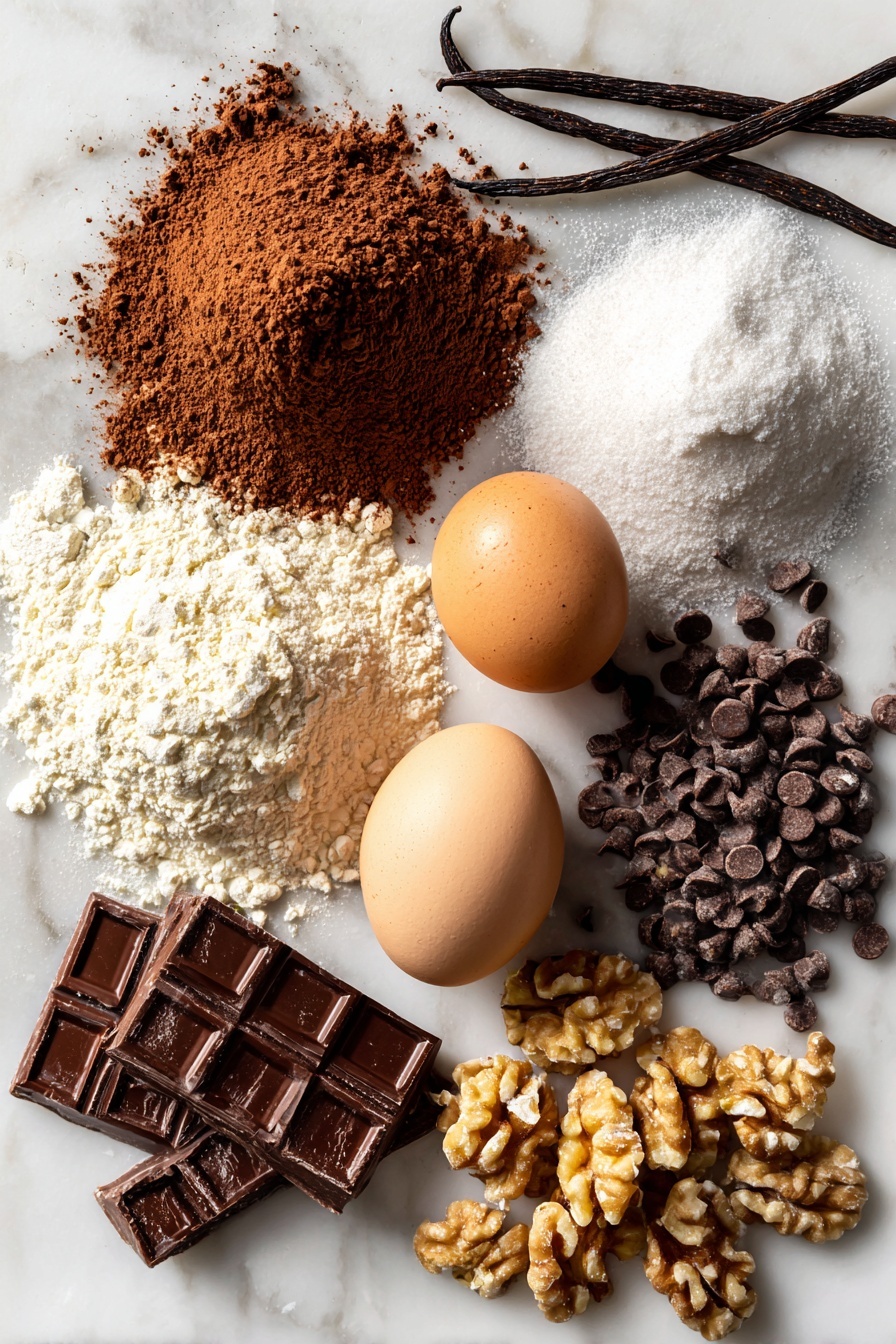 Flat lay of rich unsweetened dutch-processed cocoa powder in a small mound, glossy melted butter pooling beside it, a heap of granulated sugar sparkling softly, two large raw eggs with smooth shells, pale vanilla beans placed delicately, a neat pile of all-purpose flour, scattered dark chocolate chunks and shiny chocolate chips, and a handful of chopped walnuts, all beautifully arranged with natural light highlighting their textures, placed on a white marble surface, photo taken with an iphone --ar 2:3 --v 7