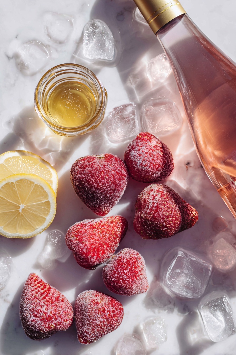 Flat lay of vibrant frozen strawberries with visible frost, a delicate glass bottle of pale pink rosé wine with soft light reflections, a small clear jar of golden simple syrup glistening, fresh lemon wedges showing bright yellow flesh, and sparkling clear ice cubes scattered artfully, placed on a white marble surface, photo taken with an iphone --ar 2:3 --v 7