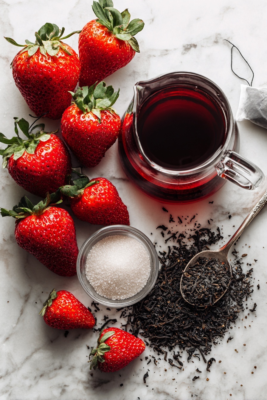 Flat lay of fresh ripe strawberries, loose black tea leaves spilling from opened tea bags, a small mound of granulated sugar, and a glass pitcher filled with dark brewed black tea, with a few whole strawberries scattered nearby, all beautifully arranged with vibrant colors and textures highlighted, placed on a white marble surface, photo taken with an iphone --ar 2:3 --v 7