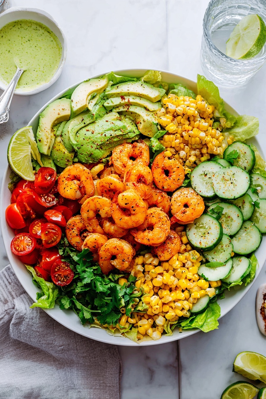 A large white bowl filled with a colorful salad is placed on a white marbled surface. Inside the bowl, the first layer consists of green leafy lettuce covering the bottom. On top, there are neatly arranged sections of bright red cherry tomato halves, yellow corn kernels, sliced light green avocado, and sliced light green cucumber. In the center, there is a pile of seasoned shrimp with a slightly orange color. A woman’s hand is holding a spoon above the shrimp, drizzling a thick green sauce over the shrimp and vegetables. In the background, there are two clear glasses with water and a small bowl with more green sauce on the white marbled surface. The lighting is bright and natural, highlighting the fresh colors of the ingredients. photo taken with an iphone --ar 2:3 --v 7