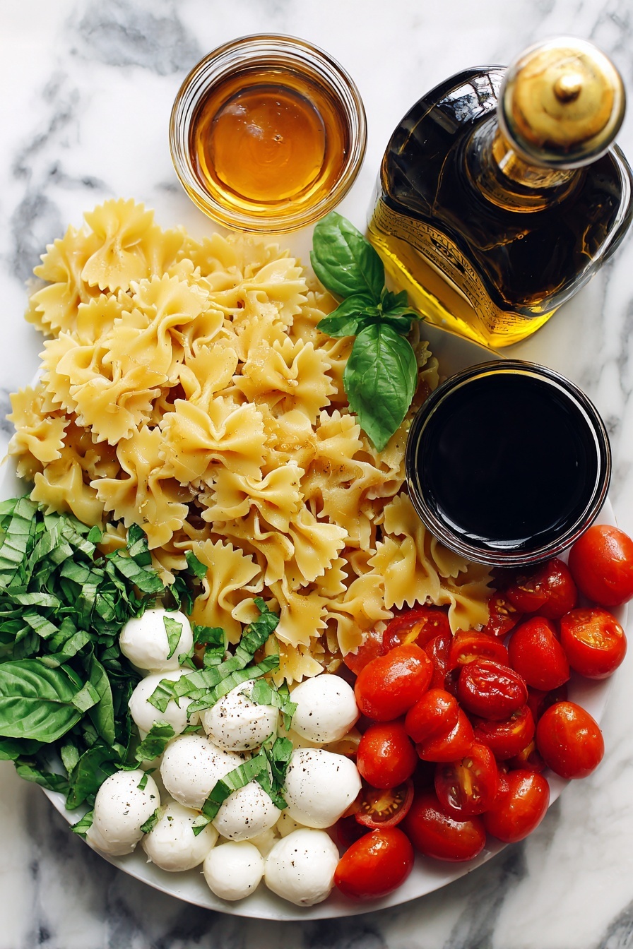 Flat lay of cooked bow-tie pasta, fresh mozzarella pearls, halved grape tomatoes, bright green chopped basil leaves, a small jar of glossy balsamic glaze, a drizzle of golden honey, and a bottle of rich extra virgin olive oil, all beautifully arranged in harmony with vibrant colors and fresh textures, placed on a white marble surface, photo taken with an iphone --ar 2:3 --v 7
