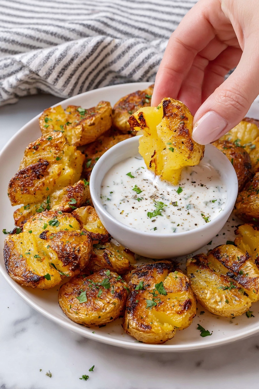 A white round plate holds small, crispy, golden brown smashed potatoes with a charred texture on the edges, arranged around a white bowl filled with white creamy sauce sprinkled with green herbs and black pepper. A woman's hand is dipping one of the smashed potatoes, which shows a soft yellow inside and a crispy outer layer, into the sauce. The plate is set on a white marbled surface with a striped cloth nearby. Photo taken with an iphone --ar 2:3 --v 7