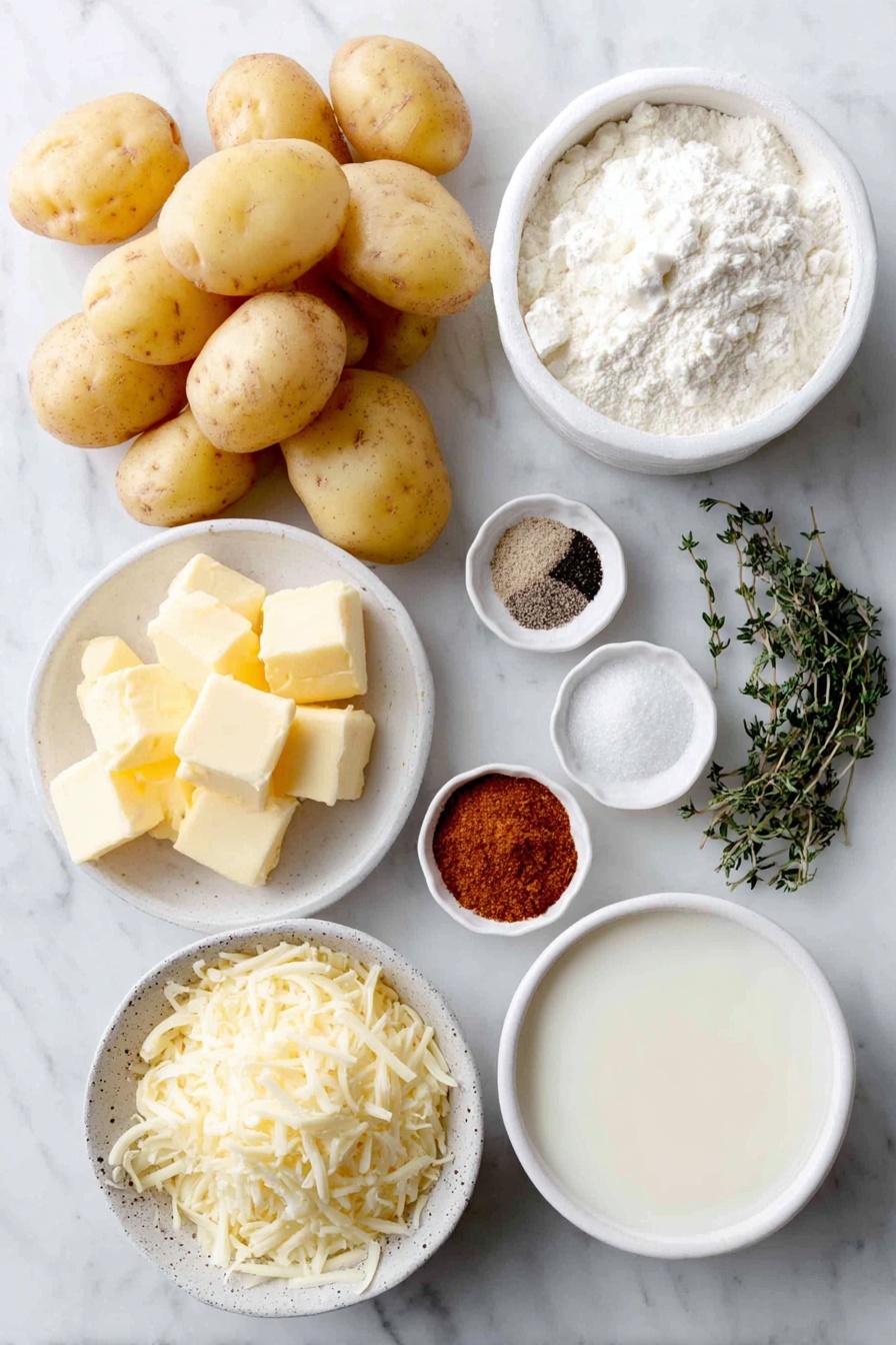 Flat lay of thinly sliced Yukon Gold potatoes with golden skins, a small white ceramic bowl of whole milk, a small white bowl of shredded gruyere cheese, a small white bowl of shredded white cheddar cheese, a few pats of fresh butter, a small white bowl of flour, a small white bowl containing paprika powder, garlic powder, onion powder, kosher salt, and freshly cracked black pepper arranged separately, and a small sprig of fresh thyme placed delicately, all arranged with perfect symmetry in natural light, placed on a clean white marble surface, soft natural light, photo taken with an iPhone, professional food photography style, fresh ingredients, white ceramic bowls, no bottles, no duplicates, no utensils, no packaging --ar 2:3 --v 7 --p awthu7i m7354615311229779997