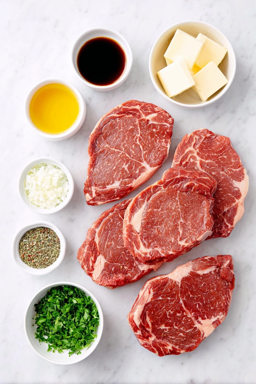 Flat lay of four fresh rib eye steaks with rich marbling, a small white bowl of dark soy sauce, a small white bowl of bright yellow lemon juice, a small white bowl of golden olive oil, a small white bowl of deep brown Worcestershire sauce, a small white bowl of minced fresh garlic, a small white bowl of coarse ground black pepper, a small white bowl of fine sea salt, a small white bowl of garlic powder, a small white bowl of onion powder, a small white bowl of mixed Italian dried herbs, a small white bowl with red pepper flakes, four cold pats of pale yellow butter, and a small white bowl with finely chopped fresh parsley, all placed on a clean white marble surface, soft natural light, photo taken with an iPhone, professional food photography style, fresh ingredients, white ceramic bowls, no bottles, no duplicates, no utensils, no packaging --ar 2:3 --v 7 --p awthu7i m7354615311229779997