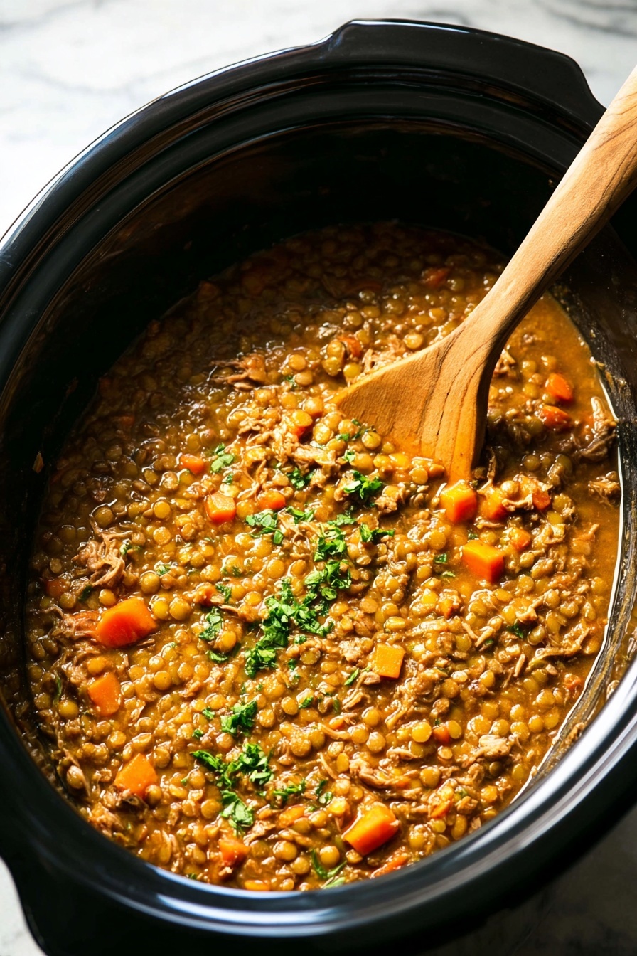 A close-up view of a black slow cooker filled with thick, brownish-orange lentil stew mixed with shredded light brown meat and small bright orange carrot pieces. The stew has some green chopped herbs sprinkled on top, adding brightness. A wooden spoon with a long handle is partly submerged on the right side, stirring the stew. The slow cooker is placed on a white marbled textured surface. photo taken with an iphone --ar 2:3 --v 7