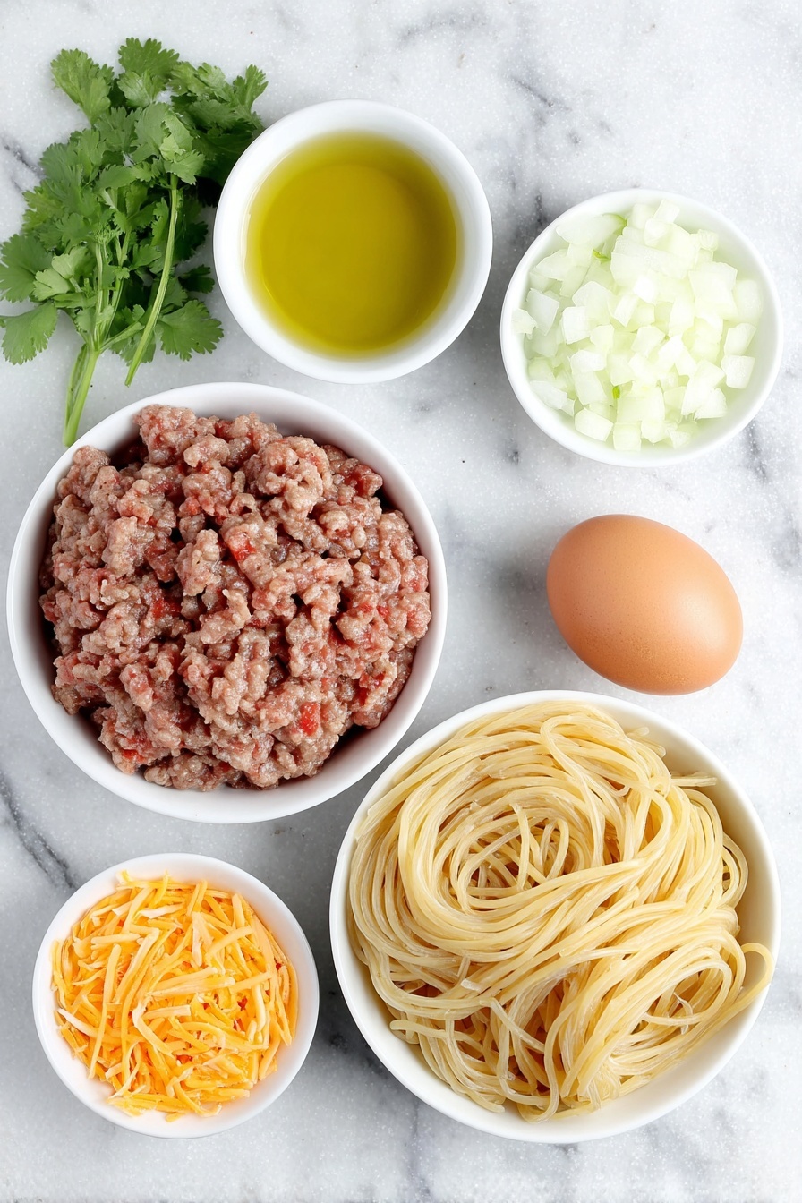 Flat lay of a small white ceramic bowl of golden olive oil, a mound of fresh raw ground beef, a small white bowl filled with finely chopped pale yellow onions, an uncracked brown egg with a smooth shell, a small white bowl containing vibrant red diced tomatoes with juice, uncooked nest of golden spaghetti noodles, a small white bowl of bright orange shredded cheddar cheese, and a few sprigs of fresh green cilantro, all arranged with perfect symmetry on a clean white marble surface, soft natural light, photo taken with an iPhone, professional food photography style, fresh ingredients, white ceramic bowls, no bottles, no duplicates, no utensils, no packaging --ar 2:3 --v 7 --p m7354615311229779997