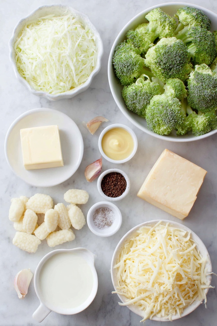 Flat lay of a small white ceramic bowl of butter cubes, a small white ceramic bowl of all-purpose flour, a small white ceramic bowl of whole milk, a small white ceramic bowl of low-sodium chicken broth, a small white ceramic bowl of heavy cream, a small white ceramic bowl of Dijon mustard, a small white ceramic bowl of Worcestershire sauce, one small white onion roughly chopped, two cloves of garlic peeled, one large fresh carrot shredded, a pile of fresh broccoli florets trimmed and cut into bite size pieces, a mound of uncooked potato gnocchi, a small heap of shredded sharp cheddar cheese, two whole brown eggs, all arranged symmetrically and naturally fresh, placed on a clean white marble surface, soft natural light, photo taken with an iPhone, professional food photography style, fresh ingredients, white ceramic bowls, no bottles, no duplicates, no utensils, no packaging --ar 2:3 --v 7 --p m7354615311229779997