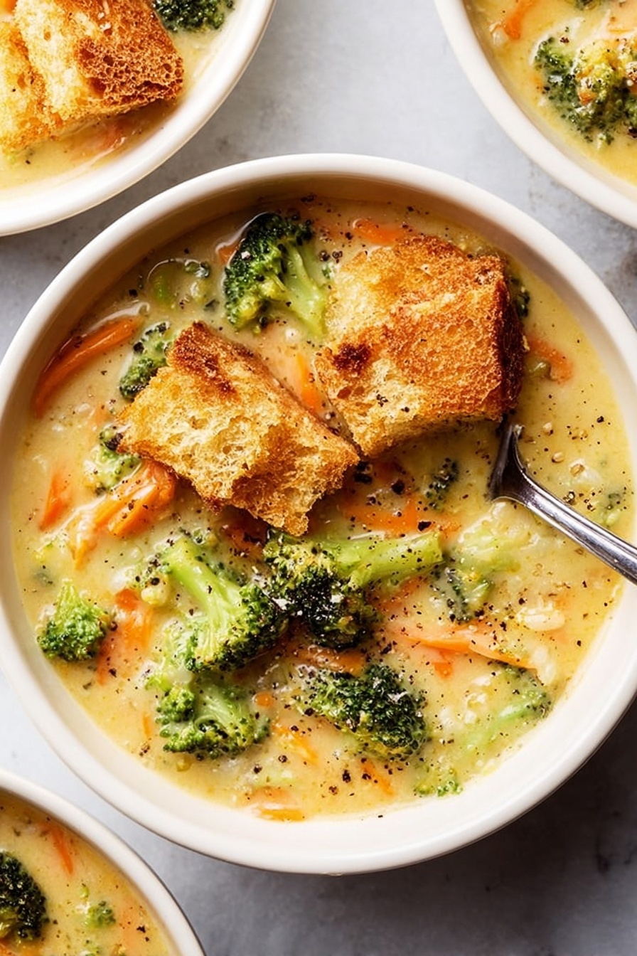 The image shows three white bowls filled with thick soup. The soup is creamy and light orange in color, with visible pieces of bright green broccoli and thin orange carrot strips mixed throughout. On top of the soup in each bowl are large chunks of crispy golden-brown toasted bread. One of the bowls has a spoon resting inside it, and there are some crumbs scattered around it. Near the bowls is a plate with more golden-brown toasted bread pieces. The bowls and plate are placed on a white marbled surface. Photo taken with an iphone --ar 2:3 --v 7