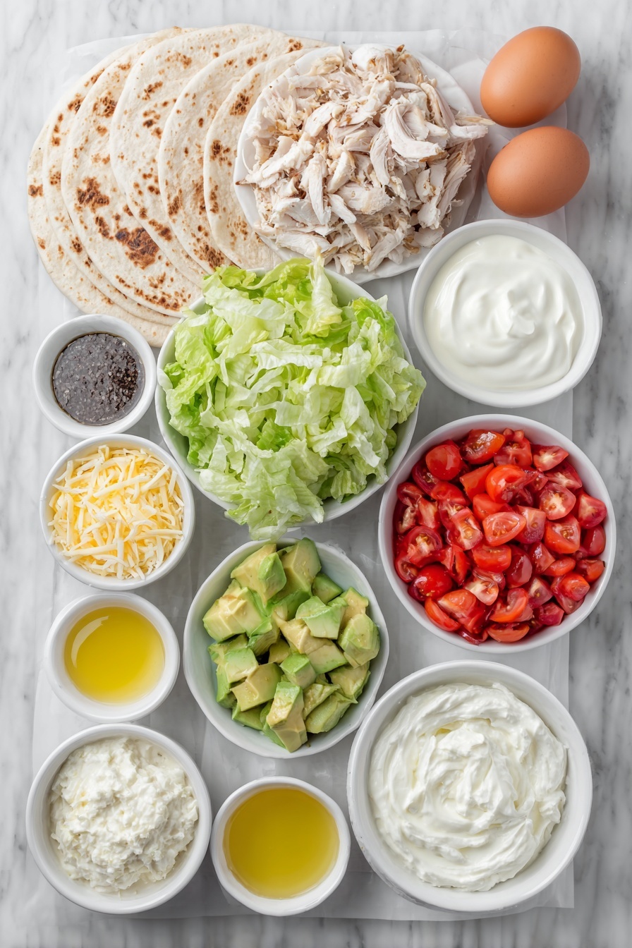 Flat lay of chopped rotisserie chicken, a handful of crisp Romaine lettuce leaves, a small pile of halved red grape tomatoes, a small mound of finely shredded parmesan cheese, diced ripe avocado cubes, whole wheat burrito-size tortillas stacked neatly, a small white bowl of creamy plain Greek yogurt, a small white bowl of smooth mayonnaise, a small white bowl of golden olive oil, a small white bowl with mashed anchovy fillets paste, a small white bowl with fresh lemon juice, a small white bowl with dark Worcestershire sauce, a small white bowl with Dijon mustard, a small white bowl with minced garlic, and two whole uncracked brown eggs, all arranged symmetrically on a simple white ceramic plate and bowls, placed on a clean white marble surface, soft natural light, photo taken with an iPhone, professional food photography style, fresh ingredients, white ceramic bowls, no bottles, no duplicates, no utensils, no packaging --ar 2:3 --v 7 --p m7354615311229779997