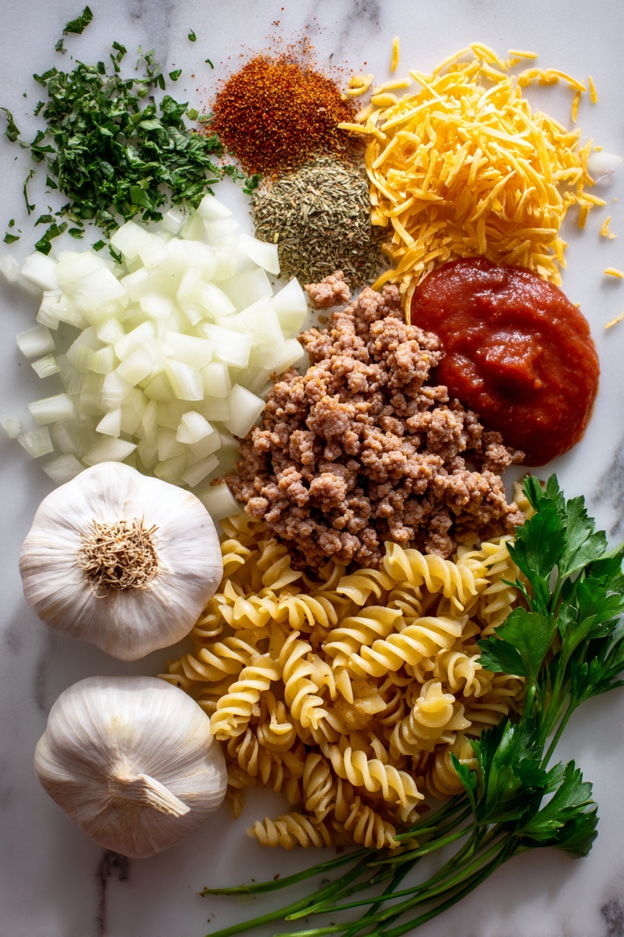 Vegan Cheeseburger Pasta - Flat lay of vibrant diced yellow onion with its soft layers, two whole garlic cloves showing their papery white skin and smooth texture, a mound of rich, crumbly vegan ground beef alternative in deep brown tones, bright reddish-orange chili powder sprinkled alongside dried green oregano leaves and smoky paprika powder, a glossy swirl of thick red tomato sauce, uncooked corkscrew-shaped rotini pasta in pale golden hues, a small pile of shredded vegan cheddar cheese in warm orange shades, fresh bright green parsley leaves with delicate texture, all arranged naturally with slight overlaps and gentle shadows placed on white marbled surface, photo taken with an iphone --ar 2:3 --v 7