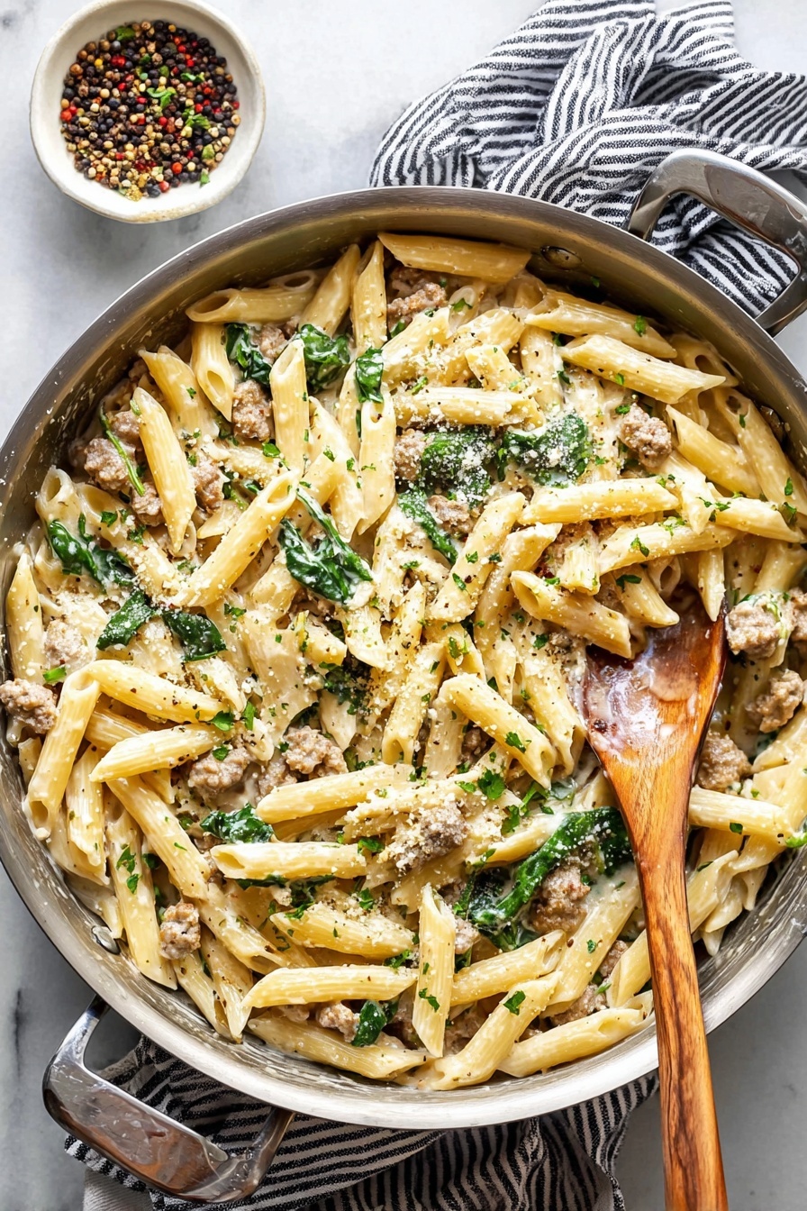 Creamy Sausage Pasta - A white plate holds a serving of penne pasta mixed with small pieces of browned sausage and fresh green spinach leaves, all coated in a creamy white sauce with specks of black pepper and chopped herbs sprinkled on top. A silver fork rests on the right side of the plate. In the background, there is another white plate with plain penne pasta slightly out of focus, and a small white bowl filled with mixed peppercorns. The scene is set on a white marbled surface with a striped cloth napkin on the left side. photo taken with an iphone --ar 2:3 --v 7