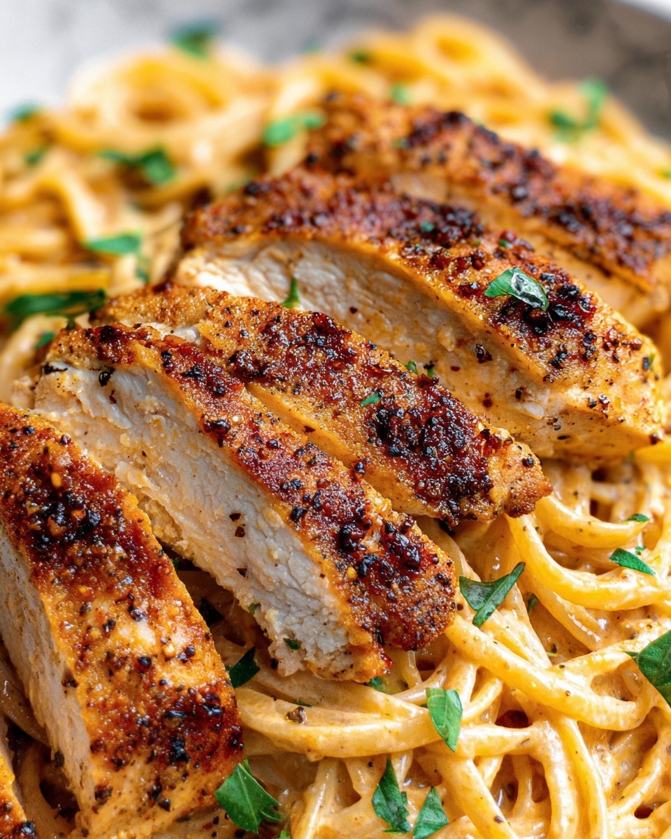 Creamy Cajun Chicken - The image shows a close-up of three slices of cooked chicken placed on top of a bed of spaghetti noodles. The chicken slices are golden brown with a slightly crispy texture and some black pepper seasoning visible on the surface. The spaghetti noodles underneath are light brown, coated in sauce, and mixed with small green herb leaves scattered throughout. The scene is set against a white marbled texture background. Photo taken with an iphone --ar 2:3 --v 7