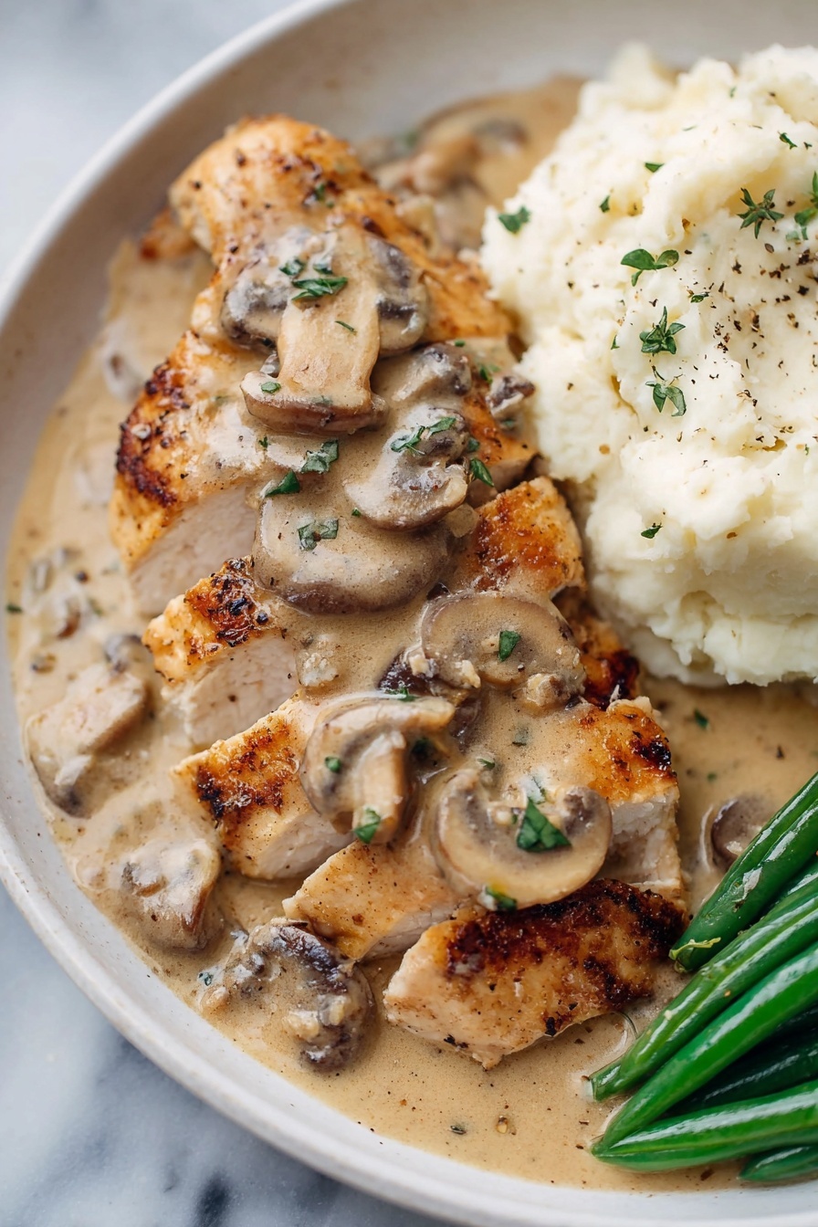 Chicken with Creamy Mushroom Sauce - The image shows four cooked golden-brown chicken pieces covered with a thick, creamy mushroom sauce. The sauce has a light beige color with visible slices of mushrooms and small bits of black pepper. The chicken and sauce fill the frame, giving a close-up view of the texture, with fresh green herb bits sprinkled on top for contrast. The background is a white marbled texture. Photo taken with an iphone --ar 2:3 --v 7