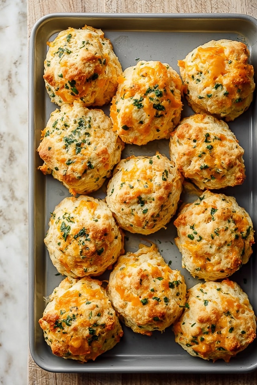 A gray baking tray filled with twelve unevenly round cheese and herb biscuits, each having a pale golden color with orange cheese pieces and green herbs scattered throughout. The biscuits have a soft, rough texture with some melting cheese visible on the surface. The tray is set on a white marbled textured surface, and the lighting highlights the warm and fresh look of the biscuits. photo taken with an iphone --ar 2:3 --v 7
