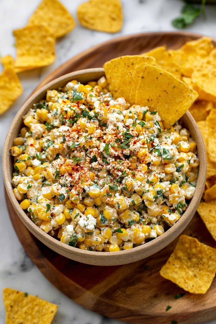 A bowl filled with a creamy corn salad featuring bright yellow corn kernels mixed with finely chopped green herbs and bits of white cheese sprinkled on top, along with a dusting of red spice. The salad has a chunky texture and is garnished with several yellow corn chips around and inside the bowl. The bowl sits on a wooden board with more corn chips scattered around it, all placed on a white marbled surface. Photo taken with an iphone --ar 2:3 --v 7