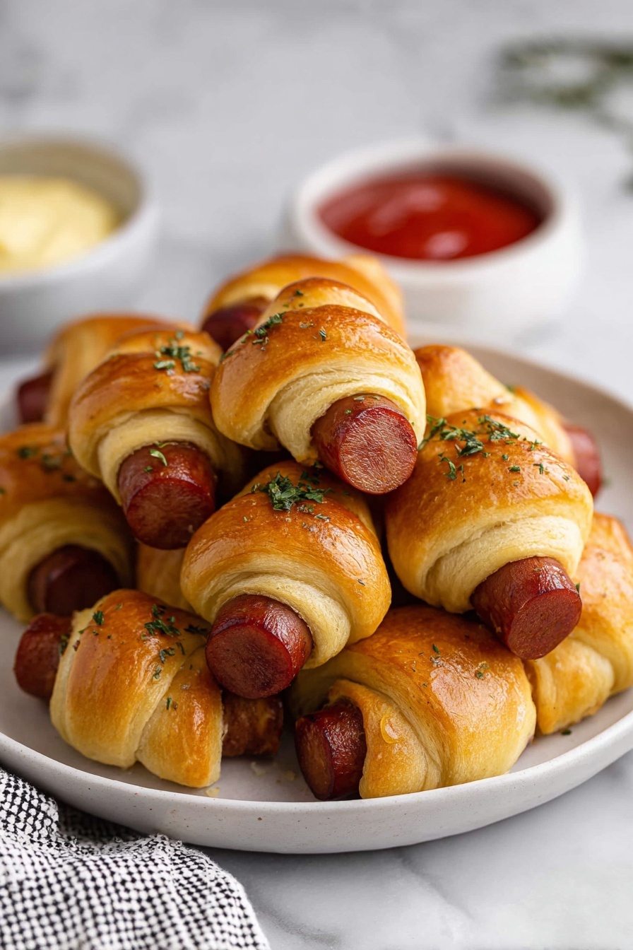 A white bowl filled with small, golden-brown crescent rolls wrapped tightly around little sausages, each roll showing flaky layers with slight shine and sprinkled with small green herbs. The sausages peek out from the ends of the rolls, showing a shiny reddish-brown color. To the side inside the bowl, there is a small round container filled with bright red ketchup. The bowl is placed on a white marbled surface with a black and white striped cloth partially visible under it. Photo taken with an iphone --ar 2:3 --v 7