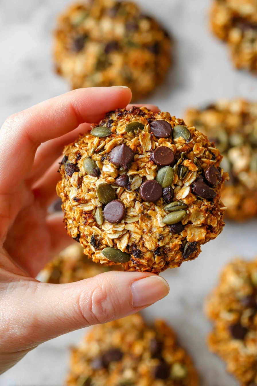 A close-up view of a round cookie held between the thumb and forefinger of a woman's hand. The cookie has a rough texture with visible layers of golden-brown oats and dark chocolate chips scattered on the surface. Small green pumpkin seeds are also mixed in, adding texture and color contrast. In the background on a white marbled surface, several more cookies with the same texture and colors are slightly out of focus. The cookie looks firm yet slightly soft. photo taken with an iphone --ar 2:3 --v 7