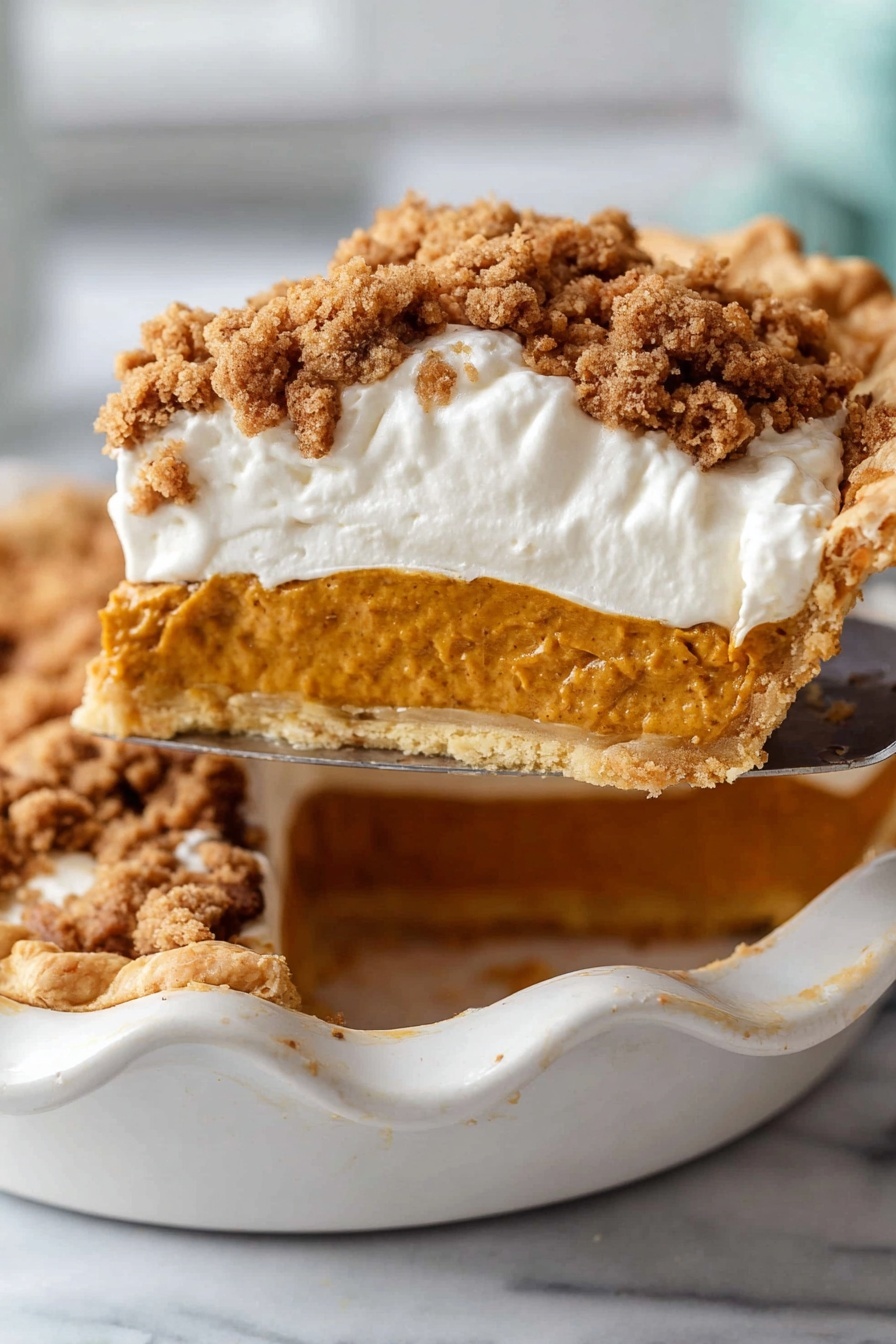 A white pie dish with a dark patterned rim holds a pie that has three clear layers. The bottom layer is a smooth, rich orange pumpkin filling. Above it is a thick, fluffy white cream layer. The top layer is a crumbly golden-brown oat and sugar topping with a rough texture. A slice is removed from the pie showing the clean edges of the three layers. The dish sits on a white marbled surface with a blurred background that has a glass bottle with dark liquid and a small blue container. photo taken with an iphone --ar 2:3 --v 7