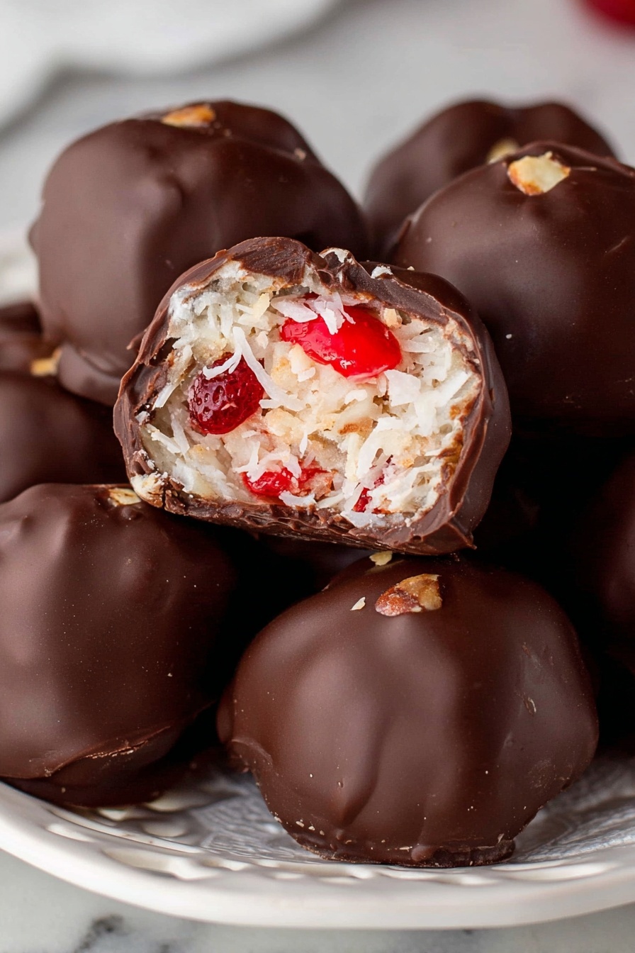 A white plate with a pile of round chocolate balls on a white marbled surface. Each ball has a smooth dark brown chocolate layer outside. One ball is open at the top center, showing a creamy white inside mixed with small nut pieces and a bright red cherry piece. Around the plate, there are bright red cherries with stems. In the background, there is a glass jar with nuts and a small white bowl full of whole bright red cherries. photo taken with an iphone --ar 2:3 --v 7