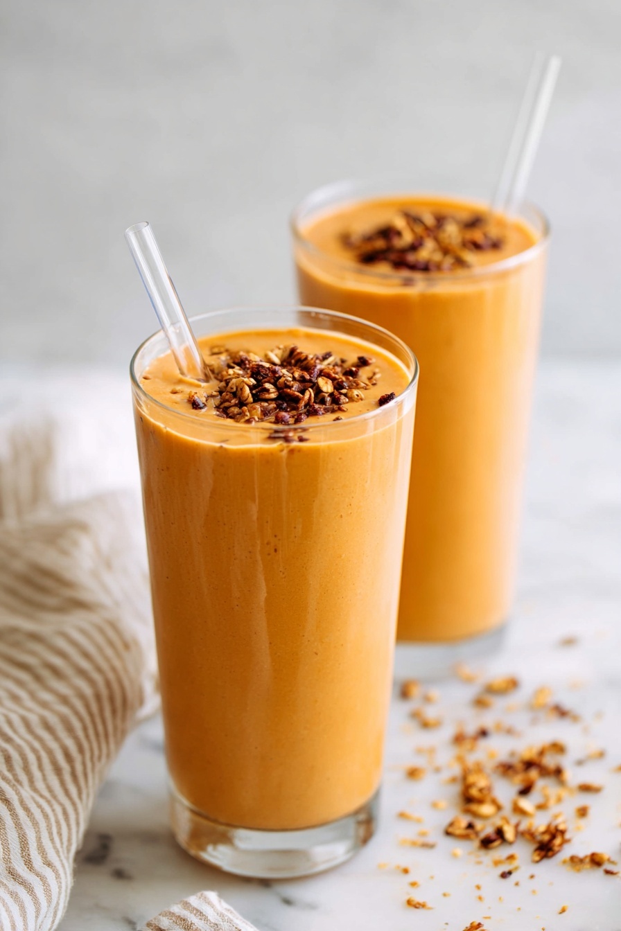Two tall clear glasses filled with a thick orange smoothie are shown on a white marbled surface. Each glass is topped with a sprinkling of granola pieces that add a crunchy texture contrast. Clear glass straws are placed in each glass, leaning slightly to one side. Some granola crumbs are scattered around the base of the glasses, and a beige and white striped cloth is partially visible on the left side. The background is softly lit with a plain white tone, making the orange color of the smoothie stand out. photo taken with an iphone --ar 2:3 --v 7