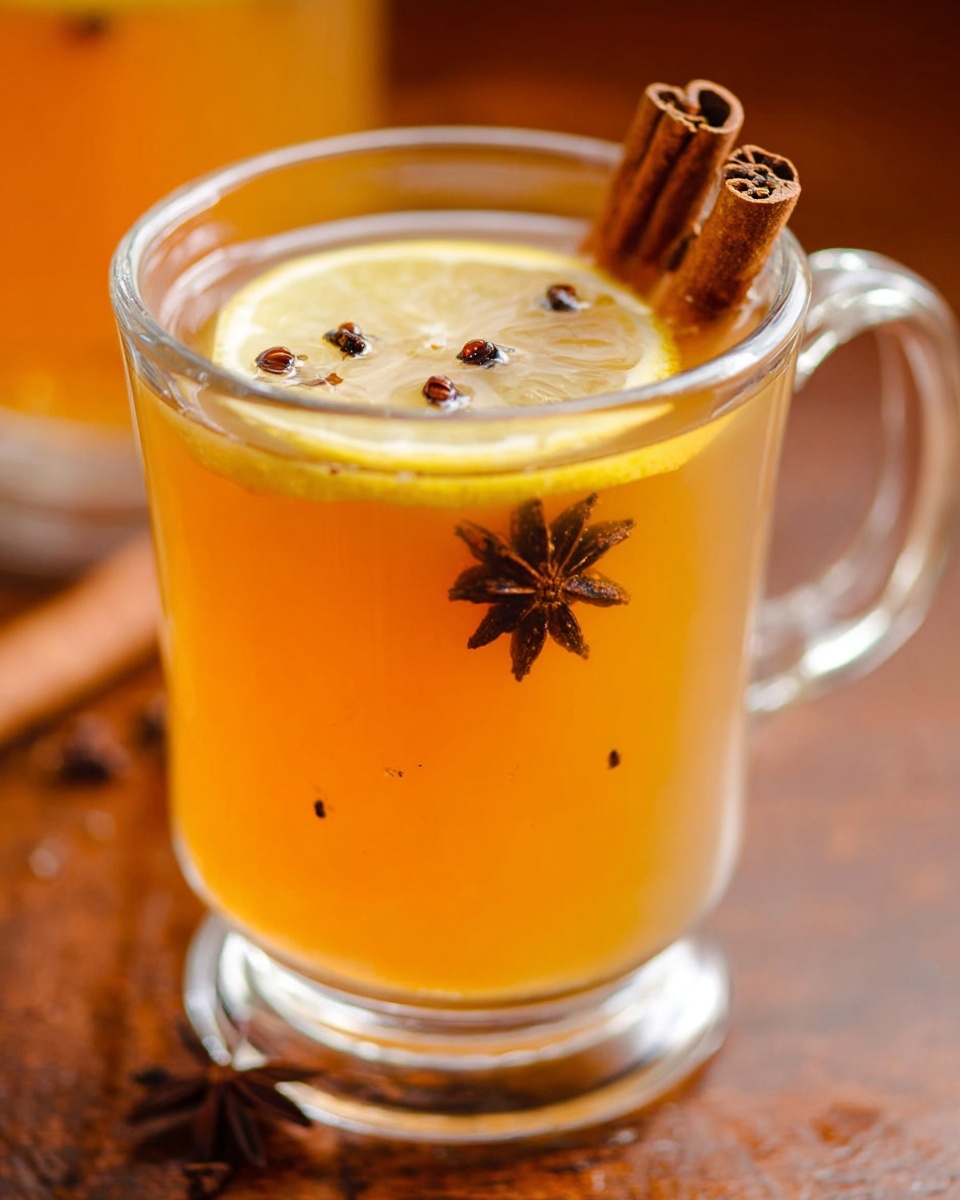 The image shows two clear glass mugs filled with a warm amber-colored drink placed on a wooden board. Each mug contains a yellow lemon slice floating on top, garnished with small dark cloves and a star anise flower. A long cinnamon stick stands upright in each drink, adding a textured warm brown color. The scene also includes whole yellow lemons and a couple of cinnamon sticks lying on the wooden board, all set against a white marbled background. photo taken with an iphone --ar 2:3 --v 7