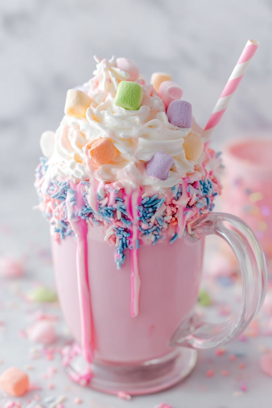The image shows a clear glass mug filled with a light pink milkshake. The mug's rim is coated with white cream and decorated with blue sprinkles. On top of the milkshake is a large swirl of white whipped cream, drizzled with pink syrup that spills down the side. Colorful mini marshmallows in pink, green, white, and orange are scattered on the whipped cream and around the base of the mug. A white and pink striped straw sticks out from the whipped cream. The background is a soft white marbled texture with blurred objects in soft pastel colors. Photo taken with an iphone --ar 2:3 --v 7
