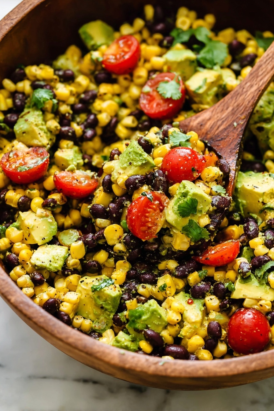This close-up image shows a wooden bowl filled with a colorful salad made of three main layers: bright yellow corn kernels, shiny black beans, and chunky green avocado pieces. Scattered among these layers are halved red cherry tomatoes and fresh green cilantro leaves, adding more color and texture. The salad has a fresh and slightly moist look with some black pepper sprinkled on top. A wooden spoon is partially buried in the salad, lifting a portion of it, showing the mix of all ingredients together. The bowl sits on a white marbled surface. photo taken with an iphone --ar 2:3 --v 7