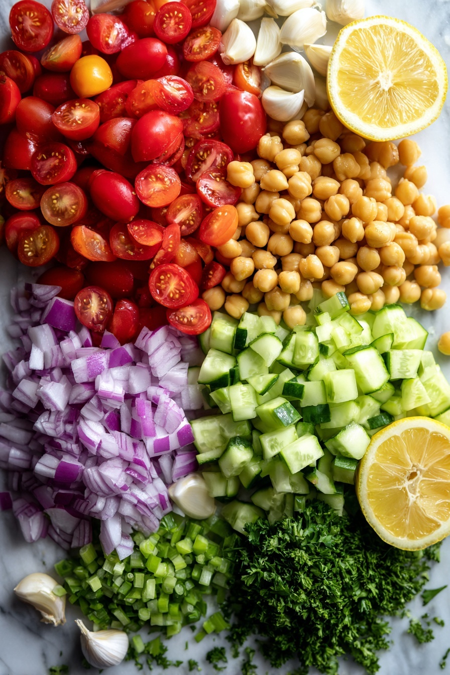 Flat lay of vibrant sliced grape tomatoes, diced cucumber, smooth chickpeas, finely chopped red onion, bright green bell pepper pieces, fresh chopped parsley, whole garlic cloves, and a halved lemon, all beautifully arranged in neat clusters to showcase their fresh colors and textures, placed on a white marble surface, photo taken with an iphone --ar 2:3 --v 7