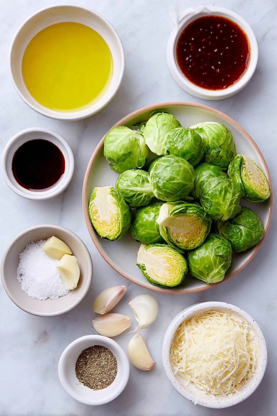 Flat lay of fresh halved Brussels sprouts with some whole Brussels sprouts, a small white ceramic bowl of extra virgin olive oil, a small white ceramic bowl of kosher salt, a small white ceramic bowl of ground black pepper, whole uncracked garlic cloves and a few thinly sliced garlic pieces arranged neatly on a simple white ceramic plate, a small white ceramic bowl with thick balsamic glaze, a small white ceramic bowl with pomegranate molasses, a small white ceramic bowl with pure maple syrup, and a small white ceramic bowl filled with freshly grated Parmesan cheese, all arranged in perfect symmetry and balanced proportions, placed on a clean white marble surface, soft natural light, photo taken with an iPhone, professional food photography style, fresh ingredients, white ceramic bowls, no bottles, no duplicates, no utensils, no packaging --ar 2:3 --v 7 --p awthu7i m7354615311229779997