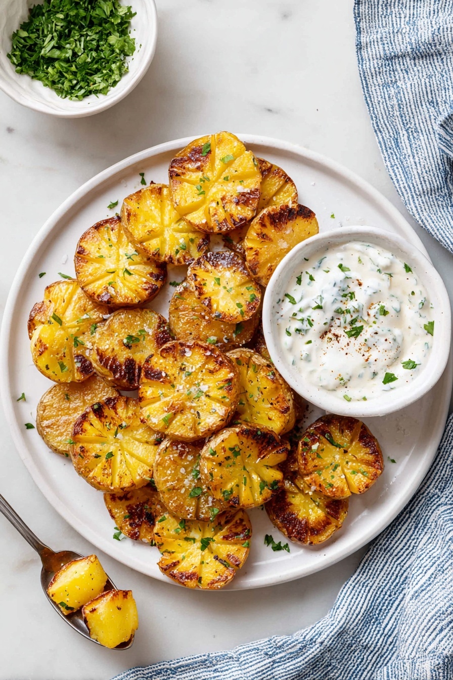 A white plate sits on a white marbled surface holding about twenty small round potato slices, each scored with a crisscross pattern. The potatoes are golden yellow with browned, crispy edges, some with darker char spots. The slices are sprinkled with small bits of green herbs and coarse salt. On the top right side of the plate rests a small white bowl filled with a creamy white sauce garnished with chopped green herbs and black pepper. A silver spoon on the left side of the plate holds three potato pieces. In the background, a white bowl filled with chopped green herbs and a blue and white striped cloth are visible. Photo taken with an iphone --ar 2:3 --v 7