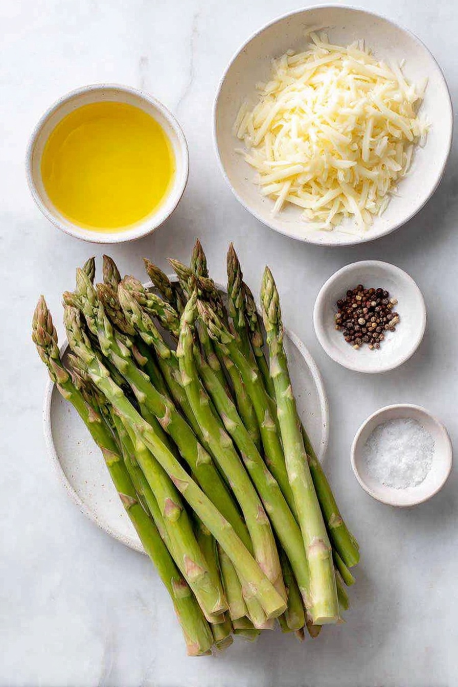 Flat lay of fresh green asparagus stalks neatly arranged beside a small white ceramic bowl of golden olive oil, a tiny white bowl filled with finely minced garlic, a small white bowl containing coarse salt crystals, another small white bowl with freshly ground black pepper, and a simple white ceramic bowl heaped with soft shredded mozzarella cheese, all ingredients looking fresh and natural, perfectly balanced and symmetrical, placed on a clean white marble surface, soft natural light, photo taken with an iPhone, professional food photography style, fresh ingredients, white ceramic bowls, no bottles, no duplicates, no utensils, no packaging --ar 2:3 --v 7 --p awthu7i m7354615311229779997