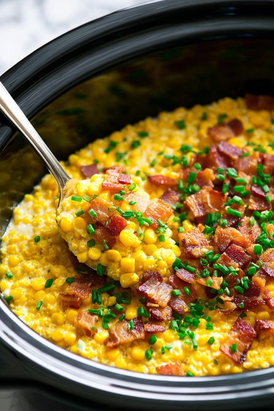 A close-up image of a dish in a black slow cooker, filled with creamy yellow corn kernels mixed with a white creamy sauce forming the base layer. On top, there is a layer of crispy, bite-sized pieces of browned bacon scattered evenly across the center. Bright green chopped chives are sprinkled generously over the bacon and throughout the dish, adding a pop of color and texture contrast. The food is lightly glossy, showing its creamy and crispy elements in a well-balanced arrangement. The surface beneath the cooker is a white marbled texture. Photo taken with an iphone --ar 2:3 --v 7